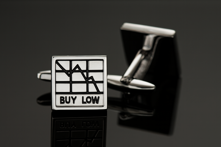 Silver BUY LOW SELL HIGH cufflinks with stock chart design