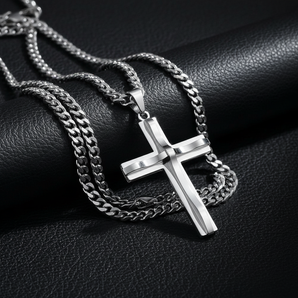 Silver cross necklace on black leather