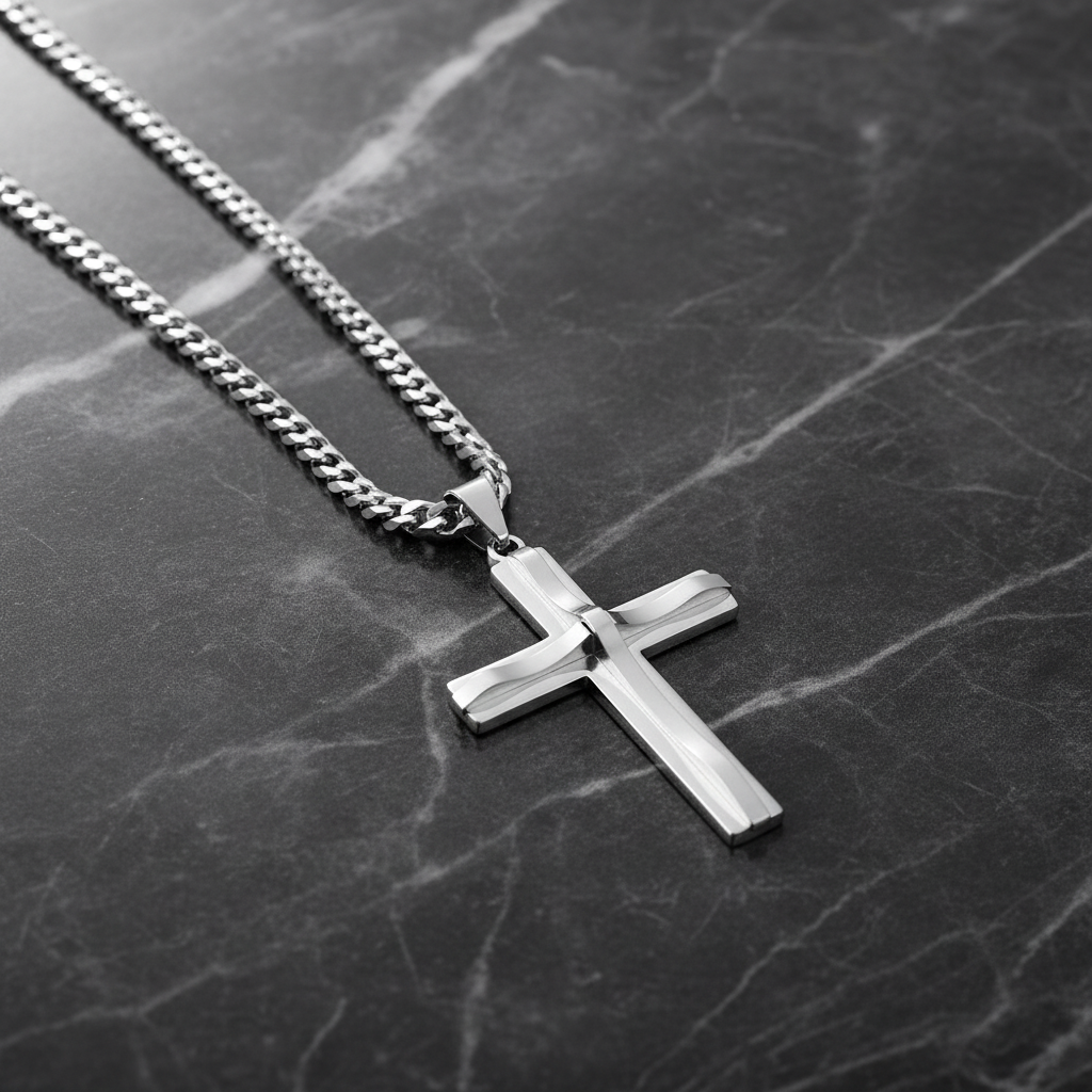 Silver cross necklace on dark marble