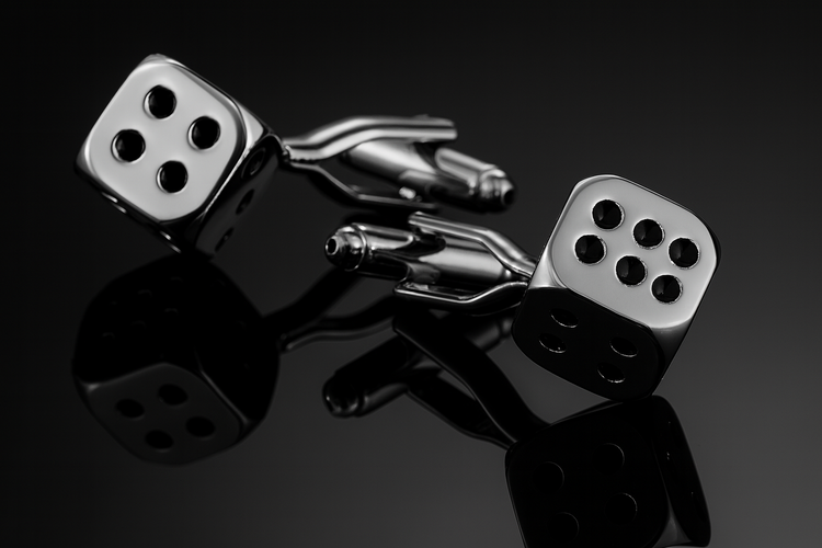 Silver dice cufflinks dramatic low angle perspective