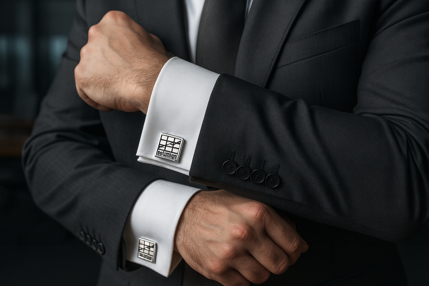 Silver "SELL HIGH" trading cufflinks on charcoal suit