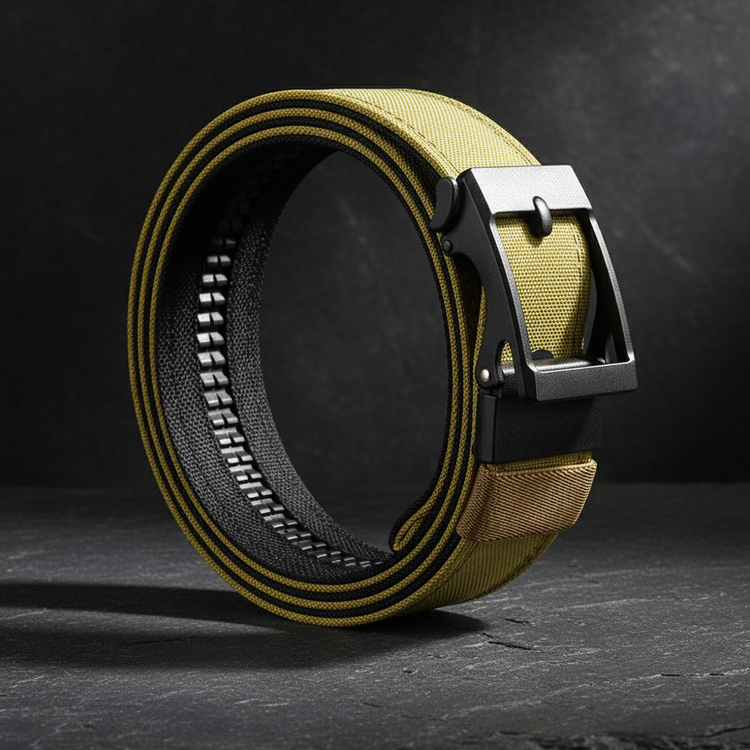 Tan tactical belt on dark slate background