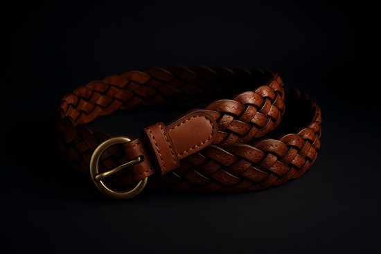 Vintage braided brown cowhide belt with dark background