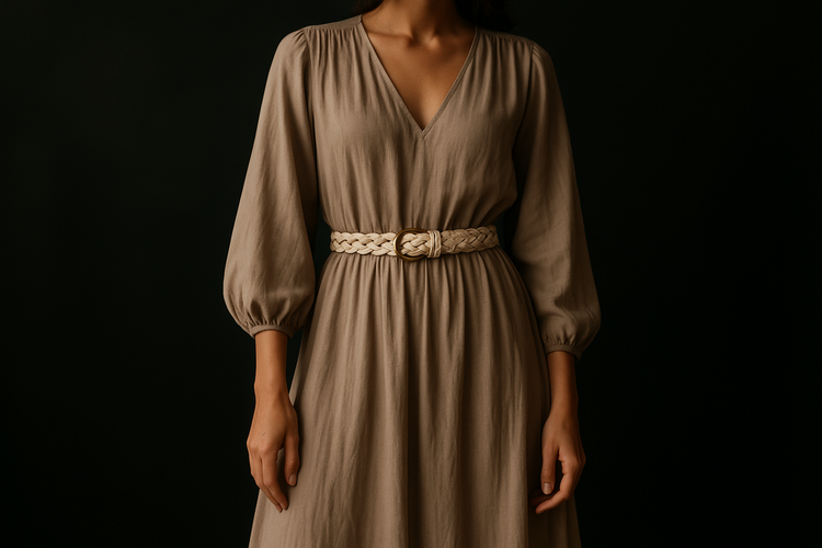 Woman styling vintage braided beige leather belt