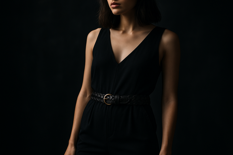 Woman wearing black braided belt with modern edgy outfit