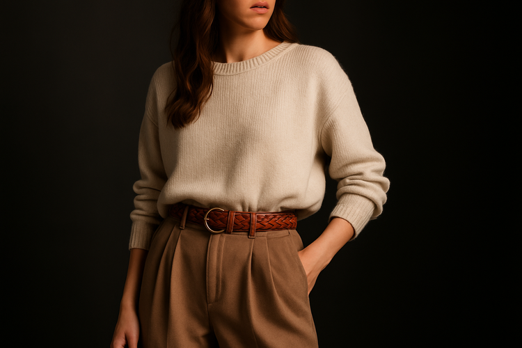 Woman wearing brown braided belt with casual chic outfit