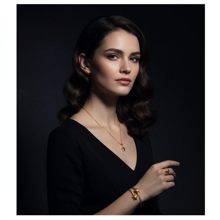 Woman wearing complete star jewelry set