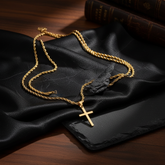 Additional gold cross necklace images with dark luxury backgrounds