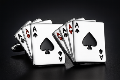 Artistic top view of playing card cufflinks with four aces