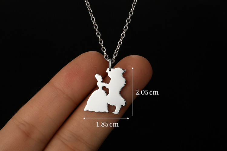 Beauty and the Beast necklace size reference with dark background