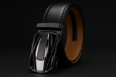 Black leather belt with two-tone automatic buckle - dark theme with silver sections