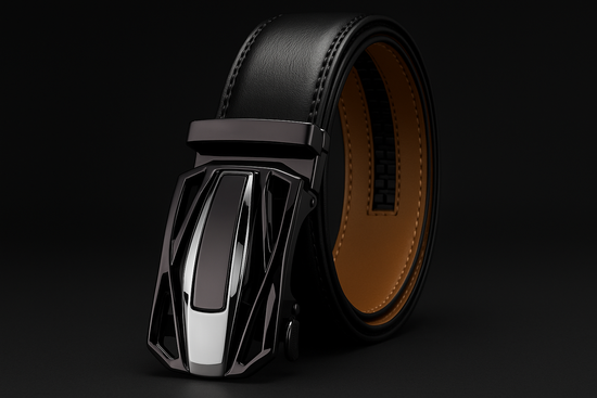 Black leather belt with two-tone automatic buckle - dark theme with silver sections