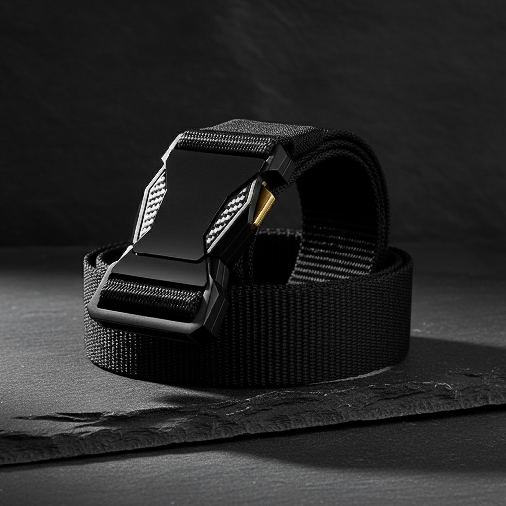 Black tactical belt on slate stone