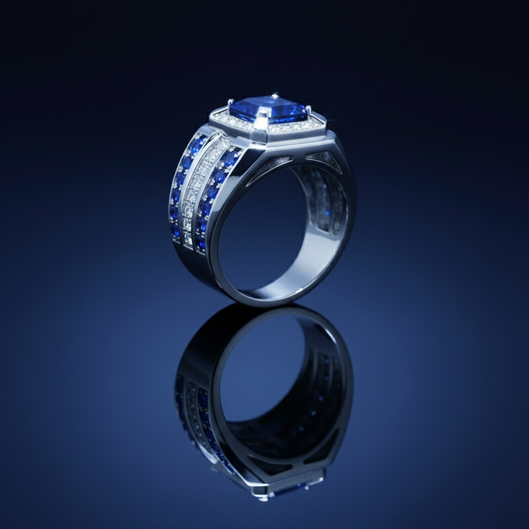 Blue sapphire ring low angle perspective