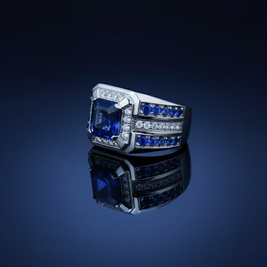 Blue sapphire ring three-quarter angle