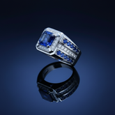 Blue sapphire ring tilted 45 degrees