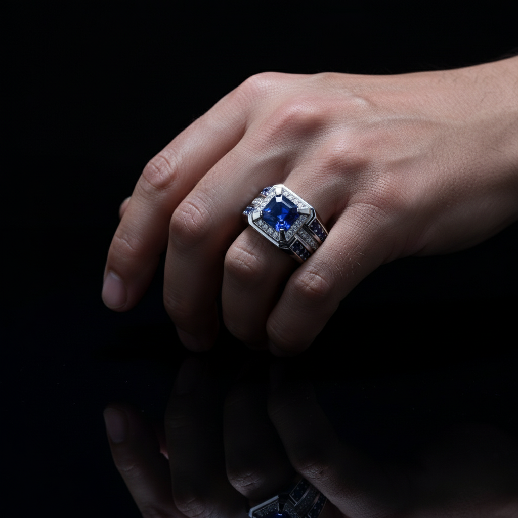 Blue sapphire ring worn on hand