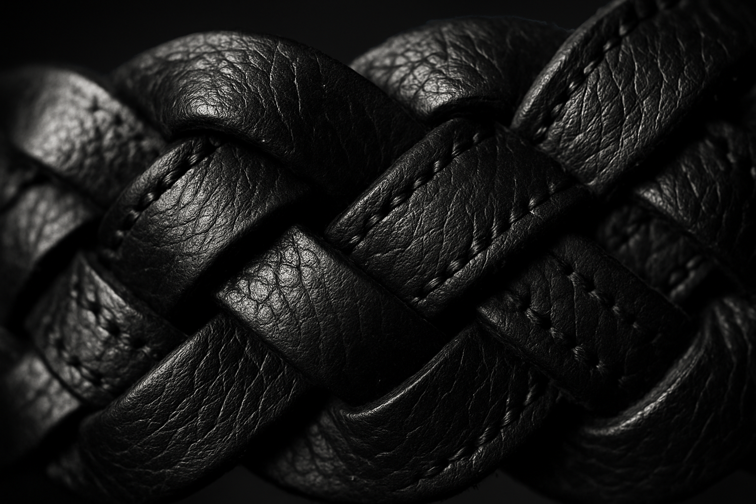 Close-up detail of black braided leather belt