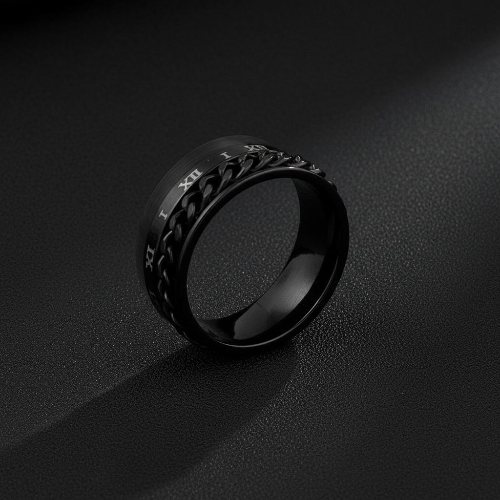 Close-up of black Roman numeral ring