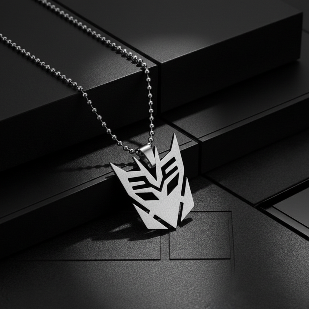 Close-up of Decepticon necklace with dark geometric background