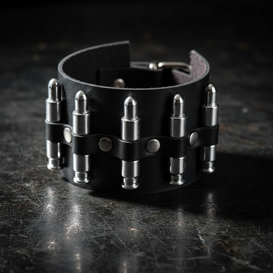 Detailed close-up of spiked leather bracelet