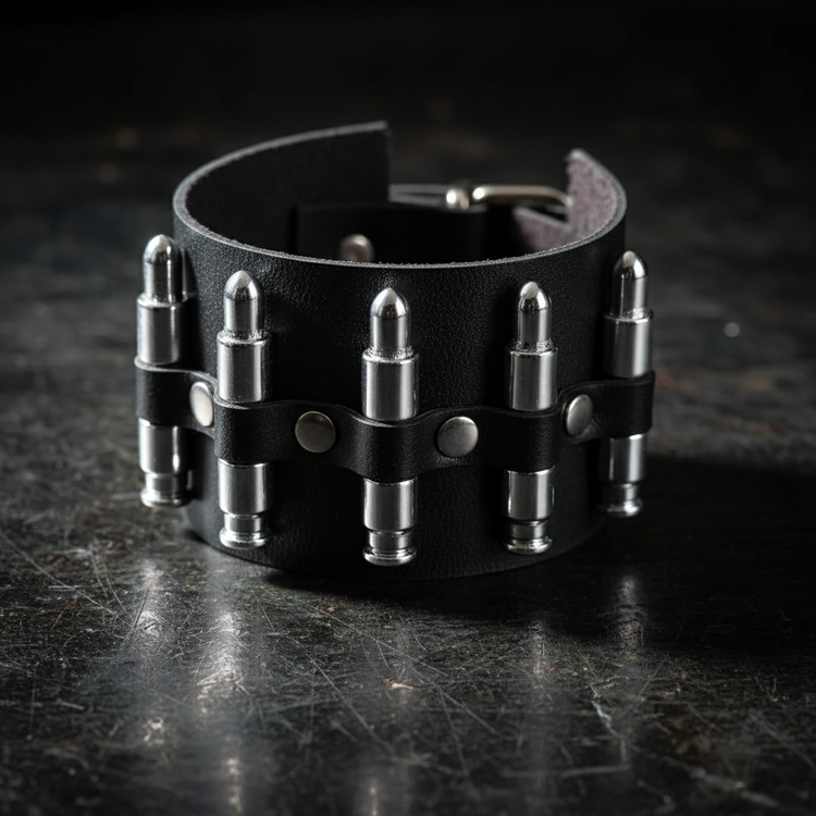 Detailed close-up of spiked leather bracelet