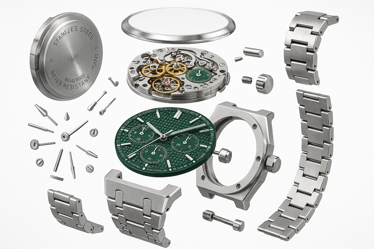 Detailed Exploded View of Green Dial Stainless Steel Watch