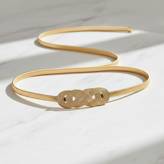 Elegant flat lay of gold chain belt on marble surface