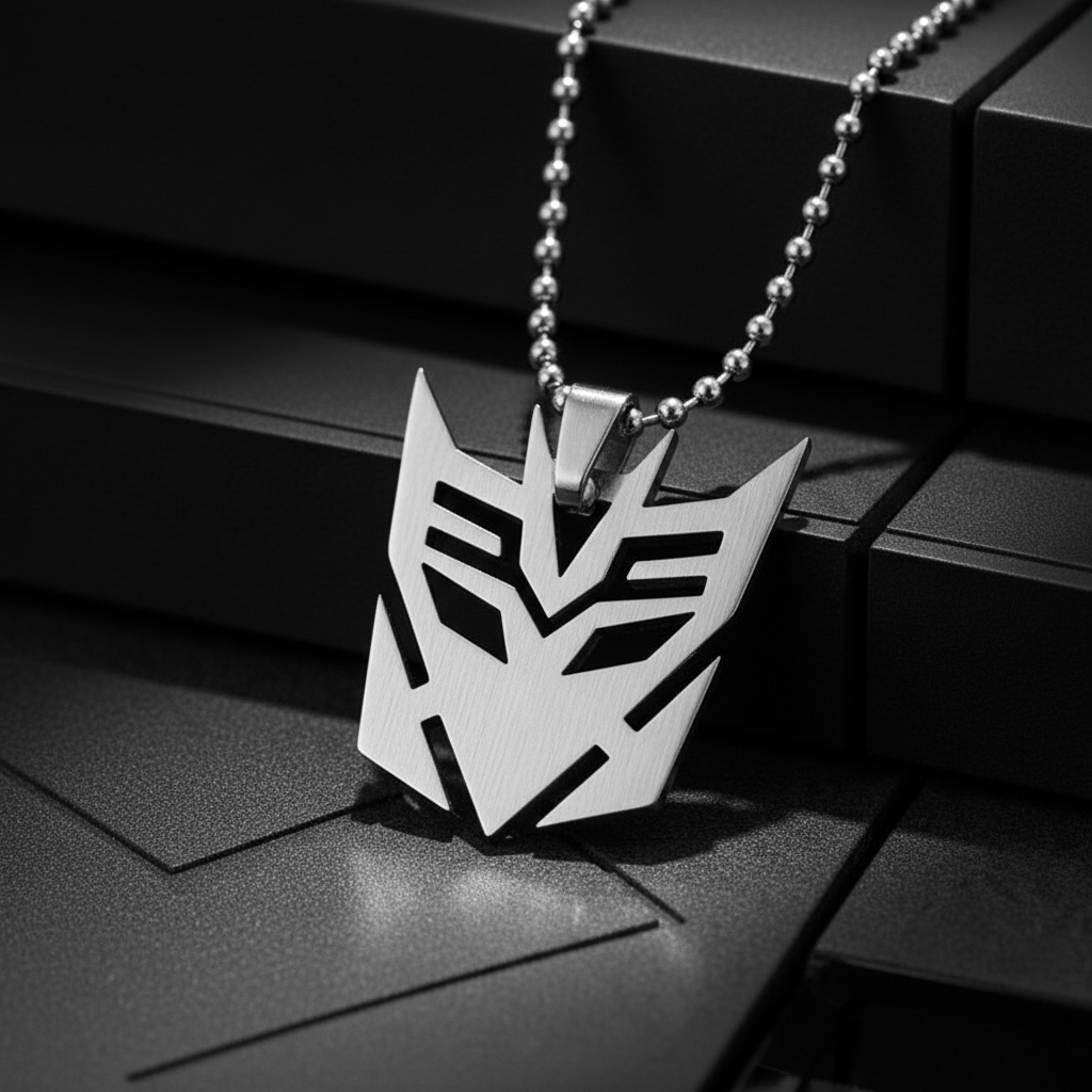 Extreme close-up macro of Decepticon necklace