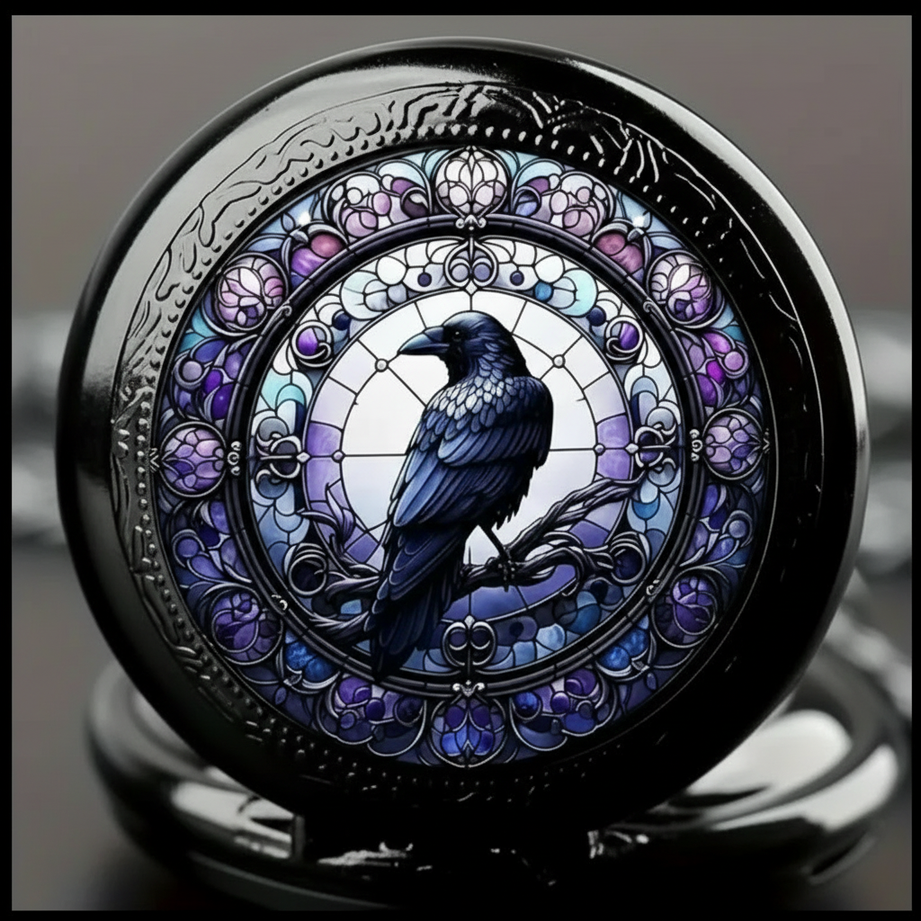 Extreme close-up stained glass raven watch