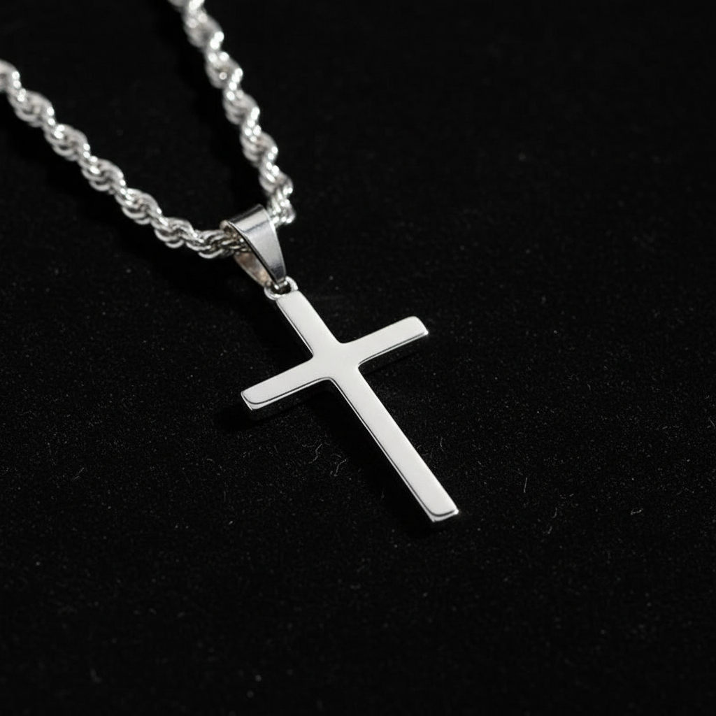 Extreme macro shot of silver cross pendant with black velvet background