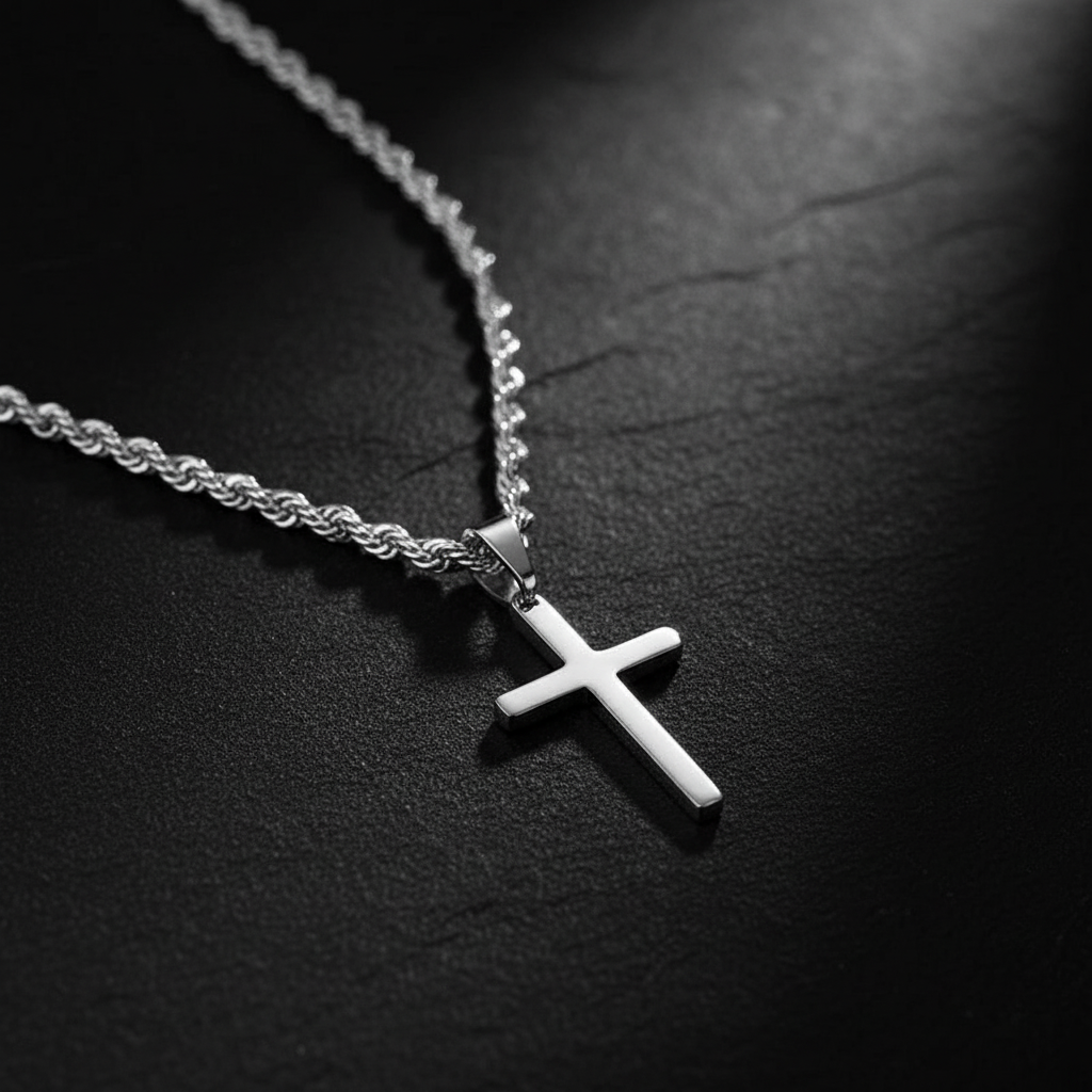 Silver Cross Necklace Dramatic Angle