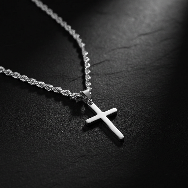 Silver Cross Necklace Dramatic Angle
