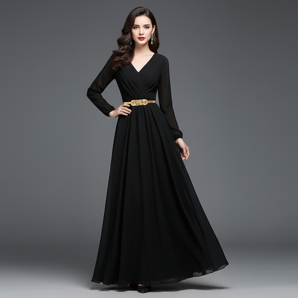 Fashion model wearing the gold belt with black dress