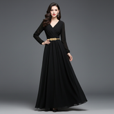 Fashion model wearing the gold belt with black dress