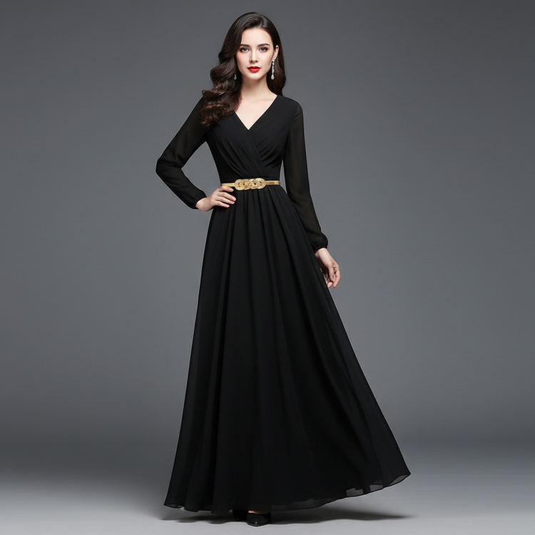 Fashion model wearing the gold belt with black dress
