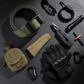 Flat lay composition with olive green tactical belt and accessories
