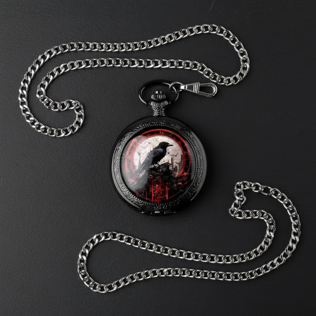 Flat lay crimson raven watch