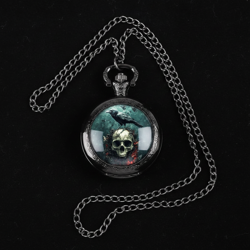 Flat lay dark raven skull watch