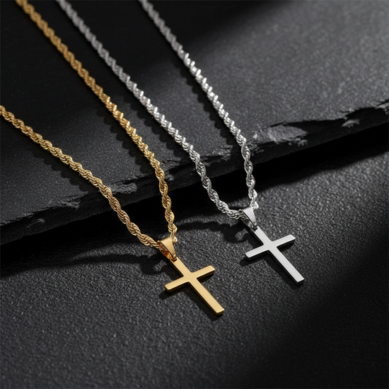 Gold and silver cross necklaces artistic arrangement