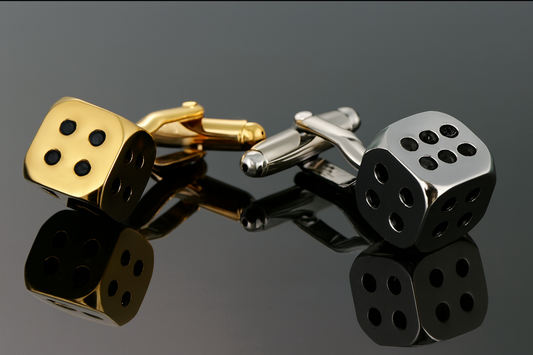 Gold and silver dice cufflinks together in elegant composition