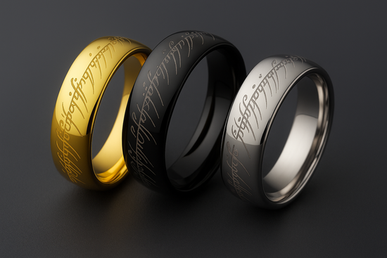 Gold, black, and silver rings presented together