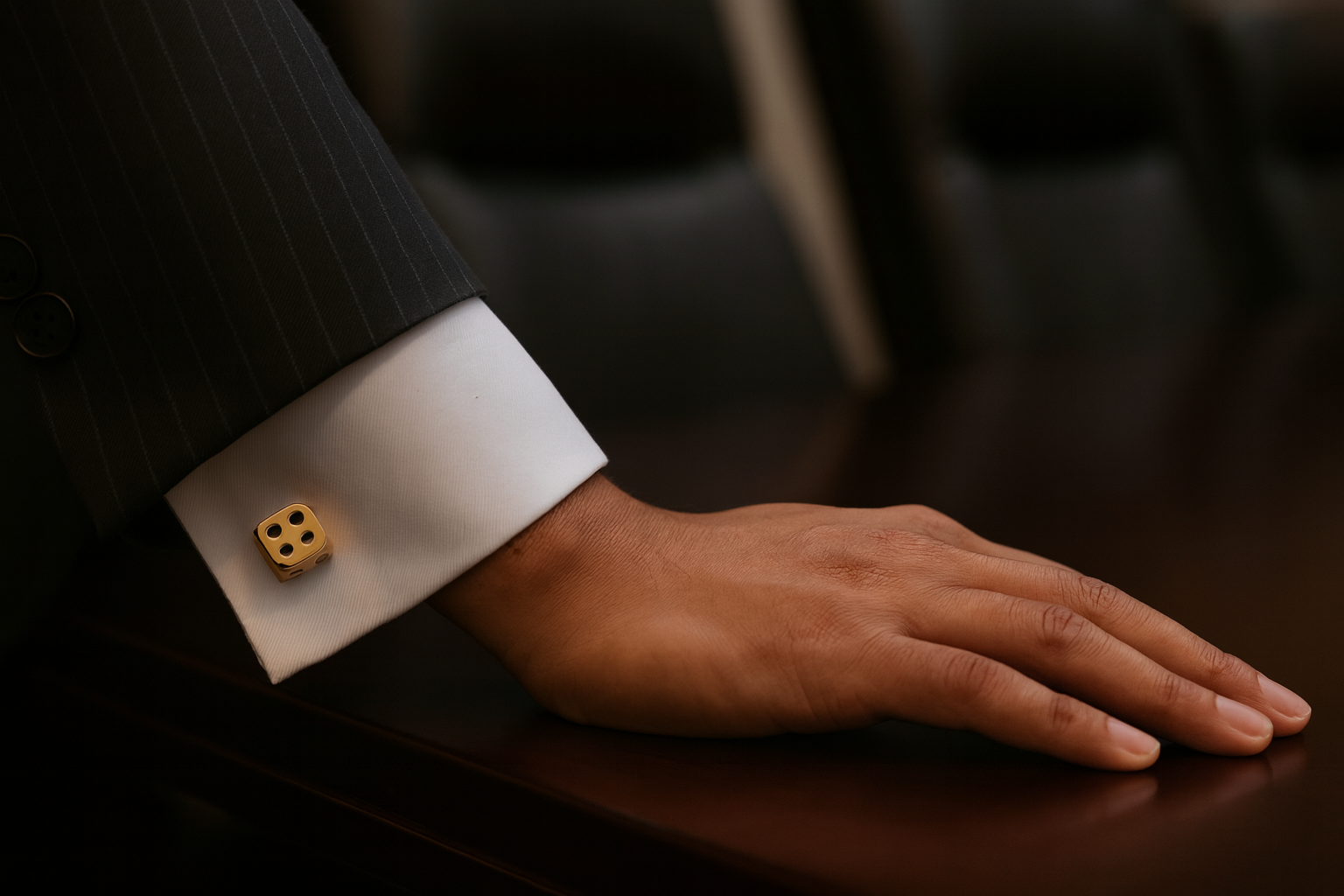 Gold dice cufflinks on pinstripe suit in boardroom