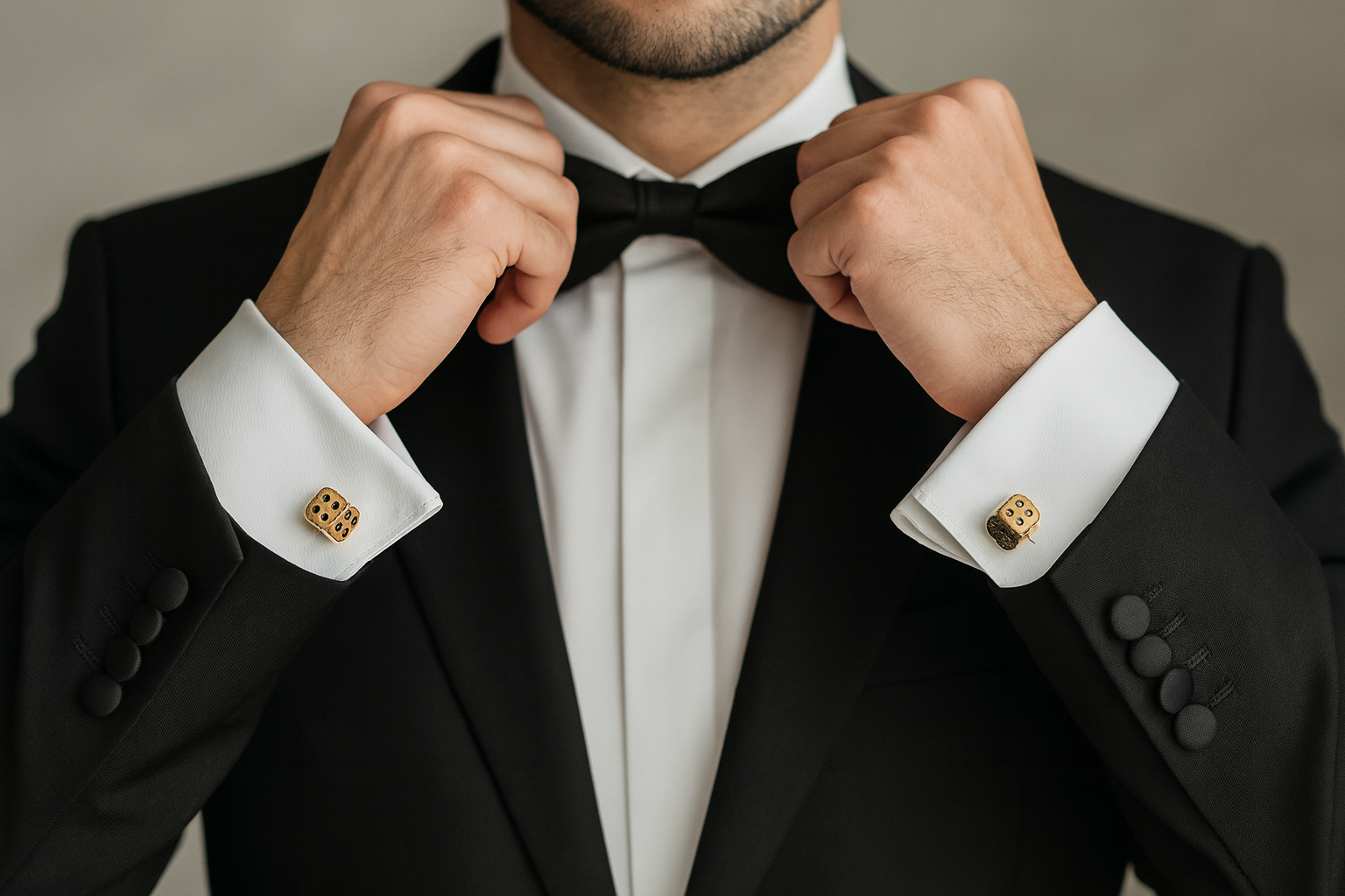 Gold dice cufflinks with black tuxedo and bow tie