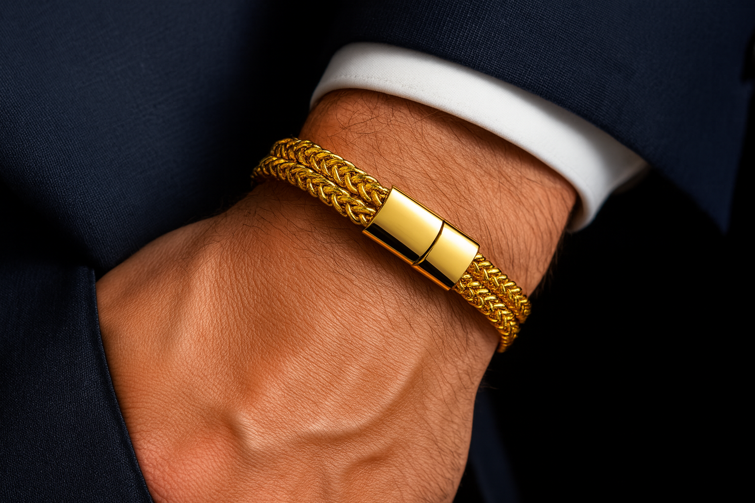 Gold double chevron chain bracelet with correct cylindrical magnetic clasp