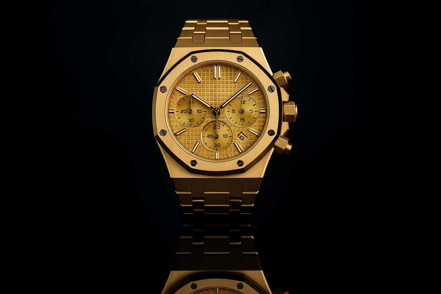 Gold watch with gold dial - dramatic reflection