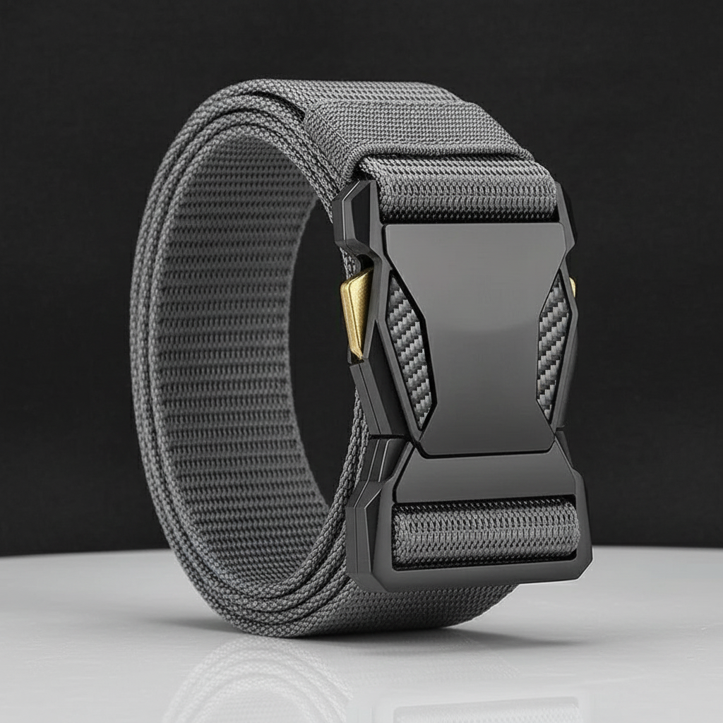 Gray tactical belt on charcoal fabric
