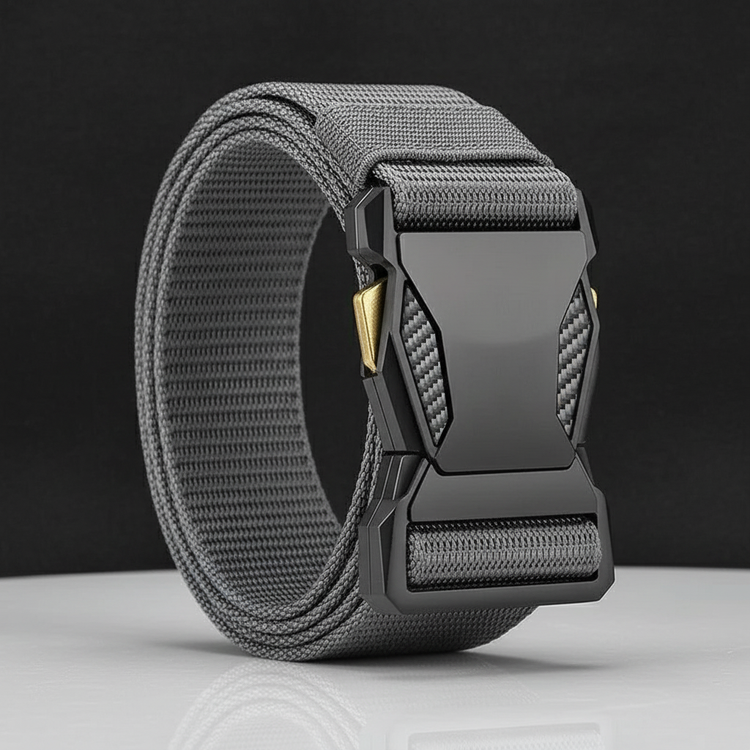 Gray tactical belt on charcoal fabric