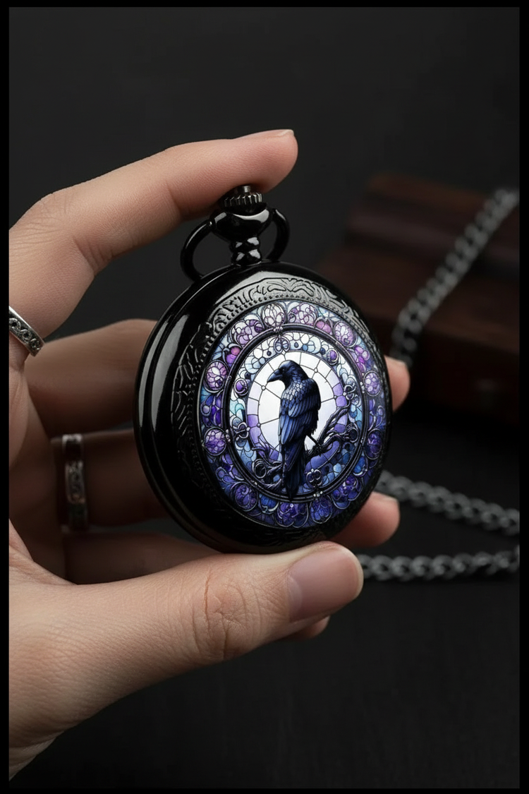 Hand held stained glass raven watch
