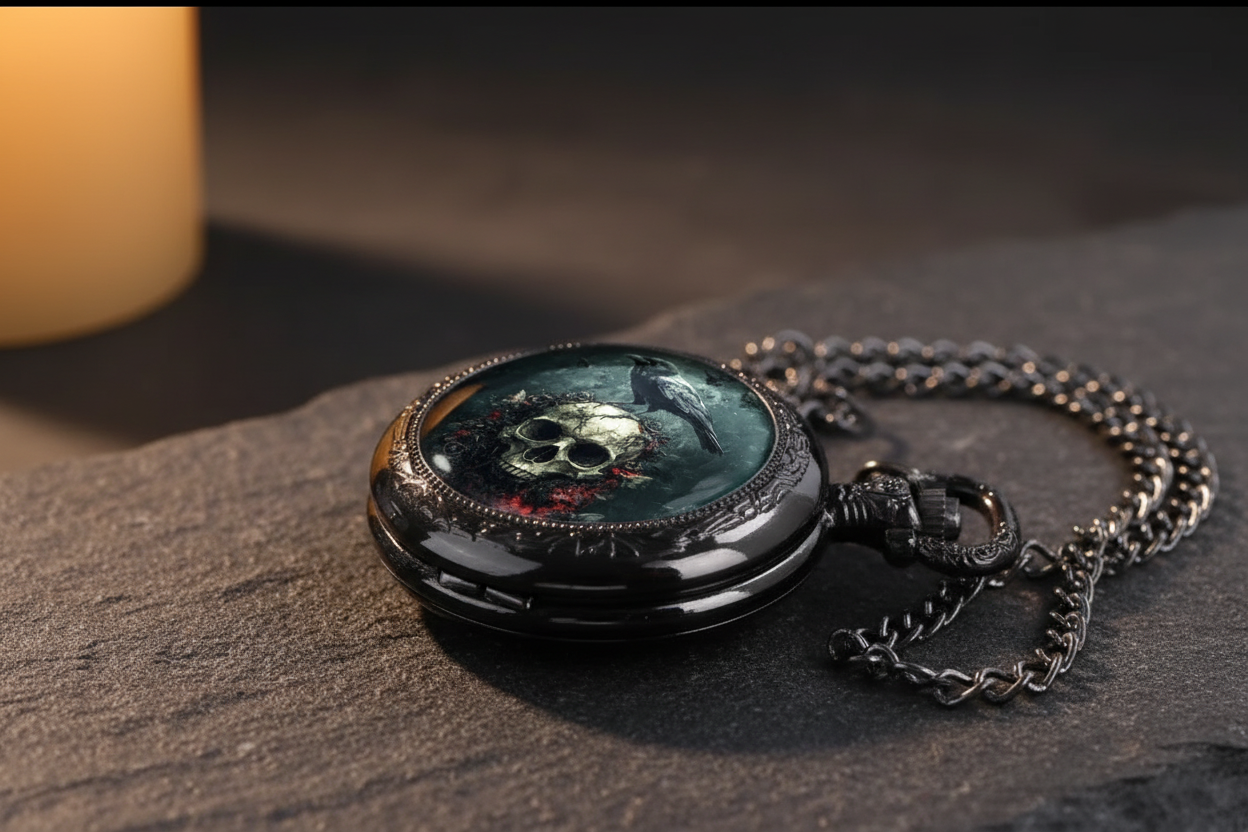 Low angle dark raven skull watch